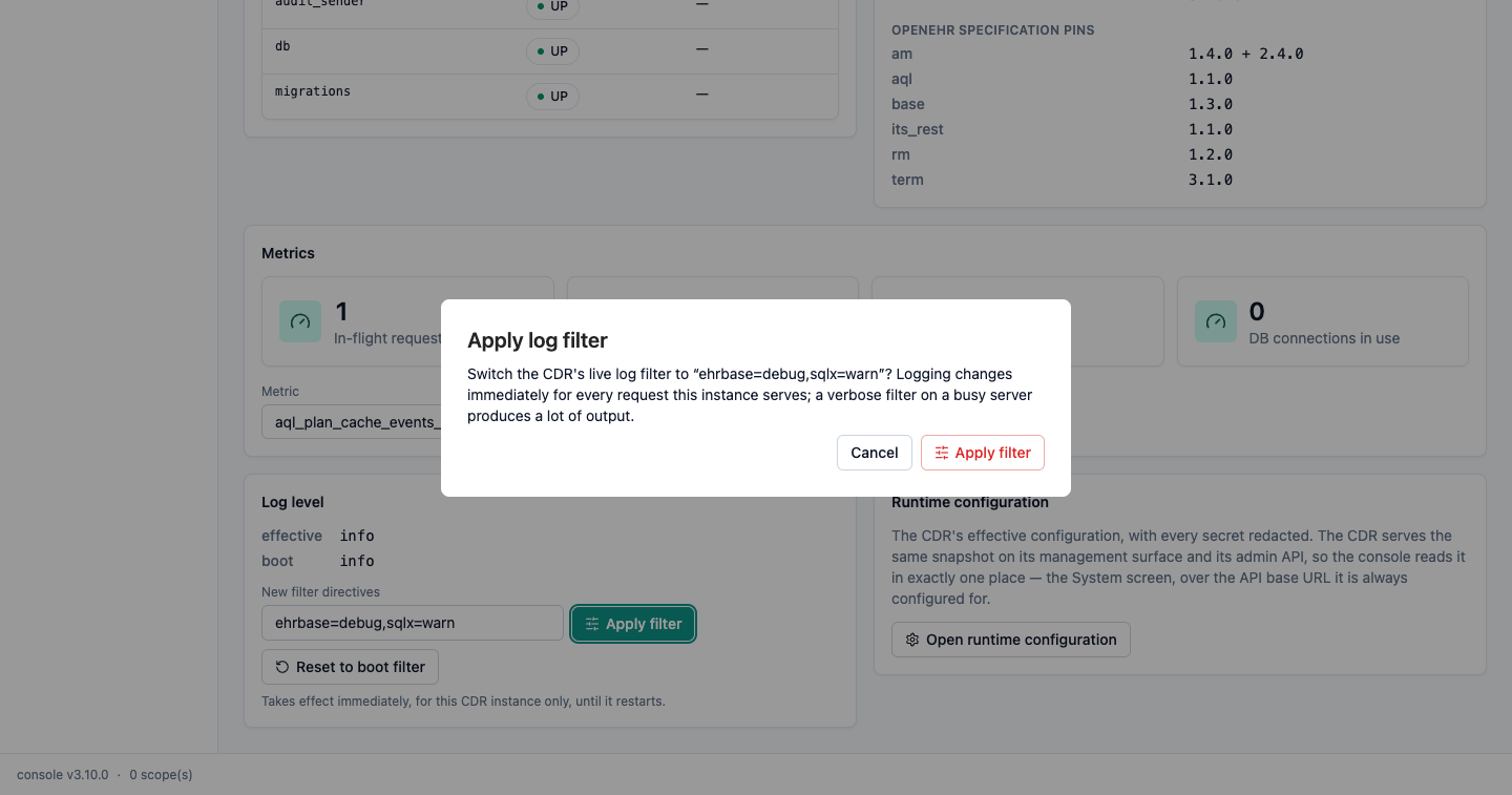 Operations panel — log filter confirmation